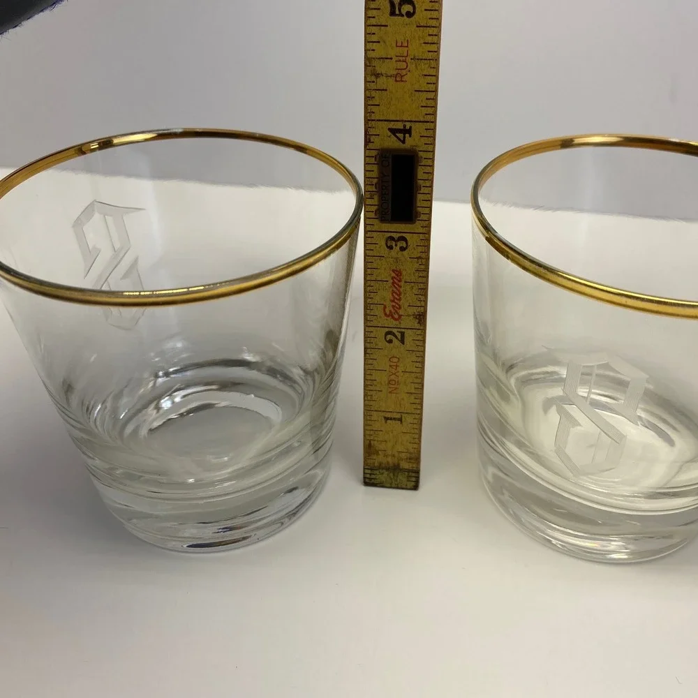 Set of 2 Etched Monogram S‎ Glasses Gold Rimmed Crystal Rocks Tumblers, Lowball